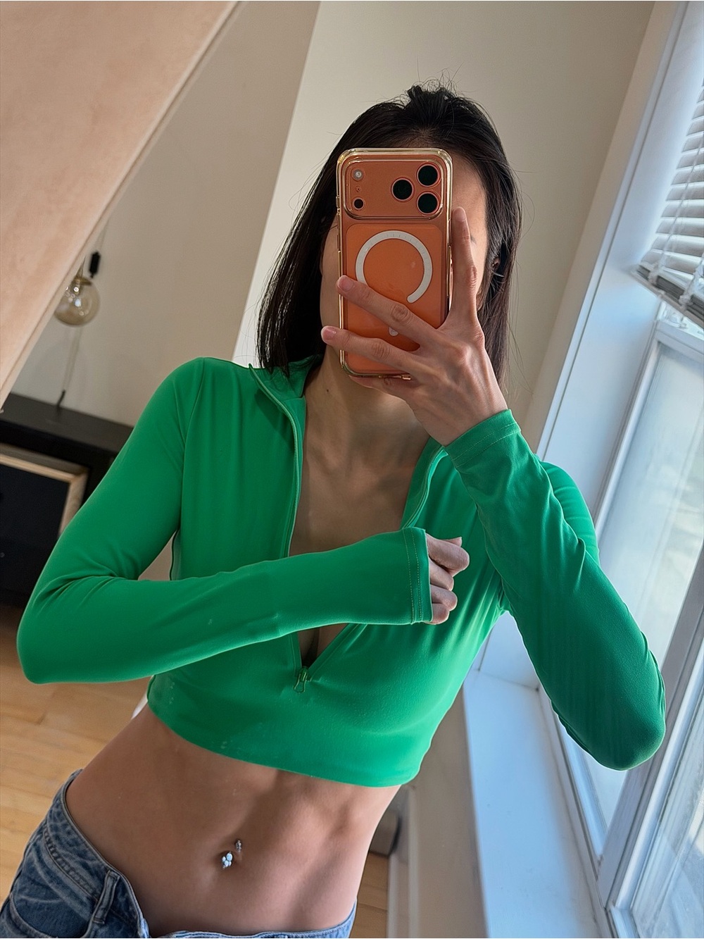 Meshki Green Zip-Up Long Sleeve Crop Top - Size S (Excellent Condition)